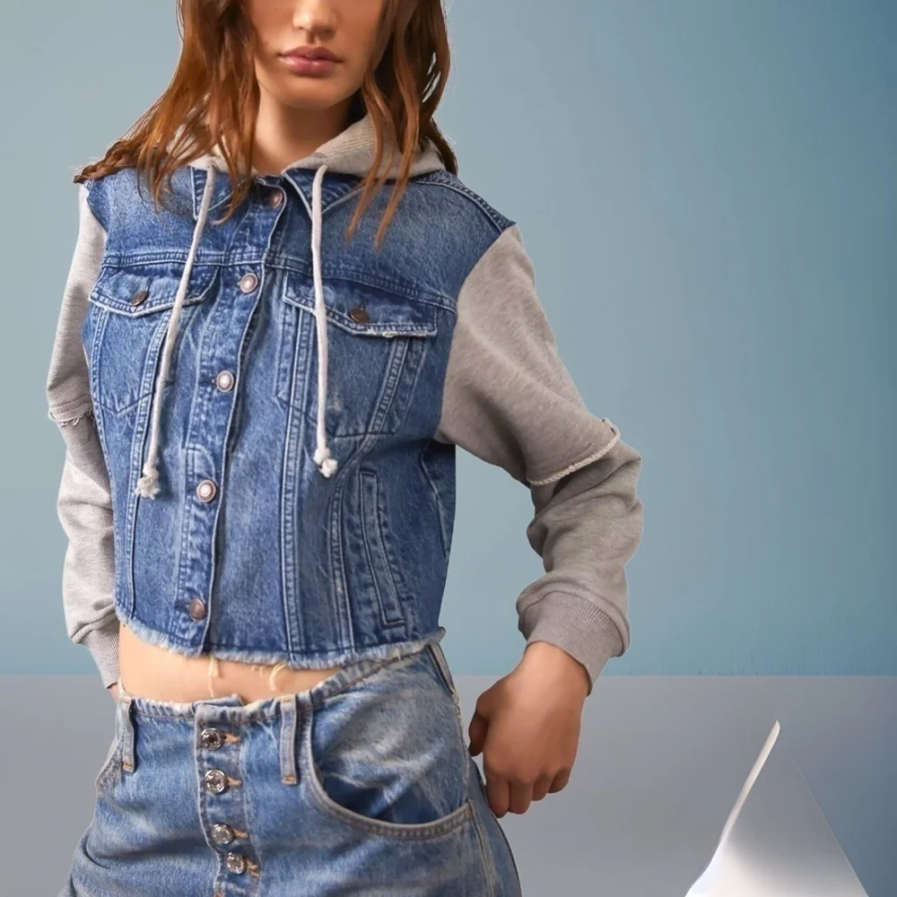 FREE PEOPLE Throwback Denim/Knit Hoodie Style Raw Hem Relaxed Crop Jacket-Md NWT - Picture 4 of 16